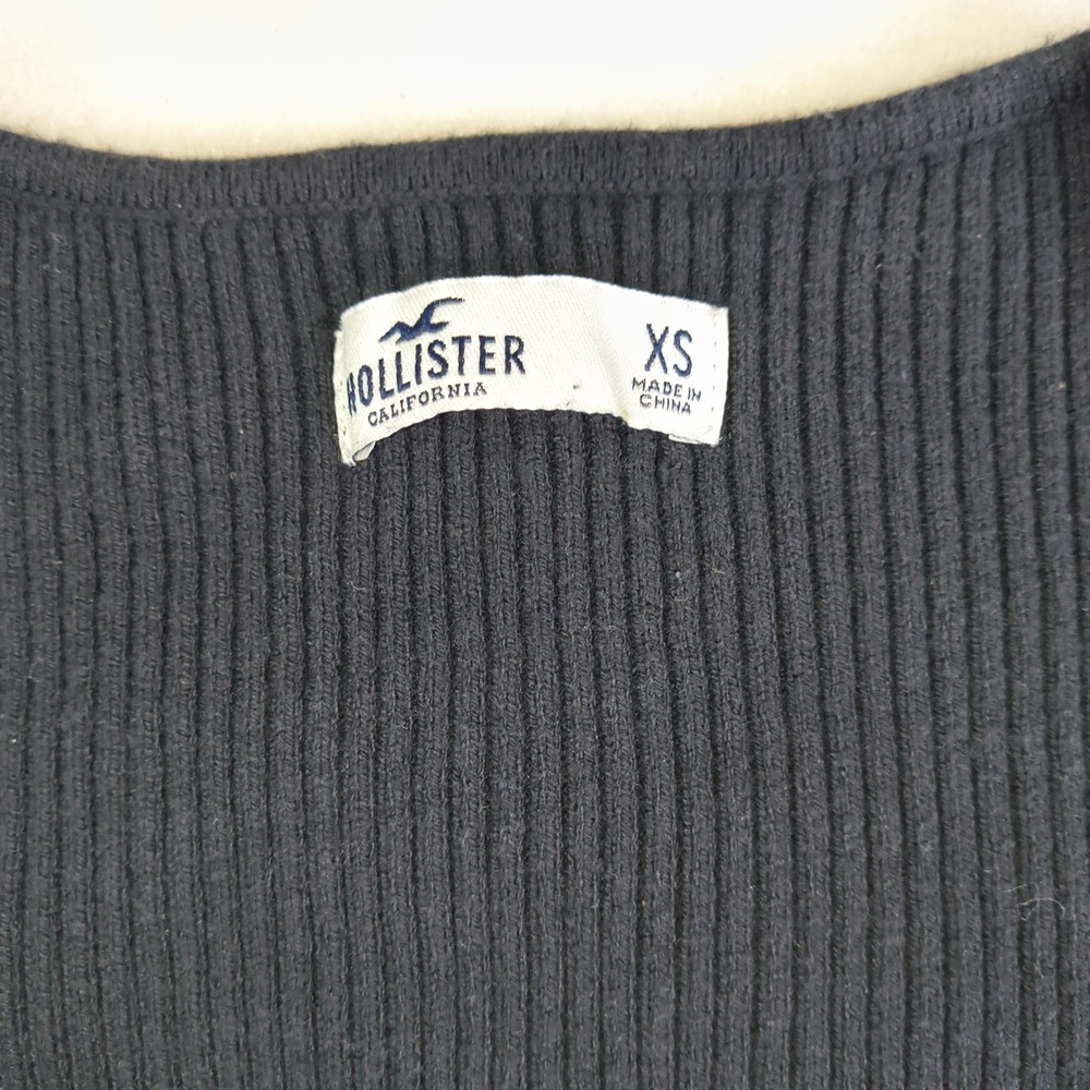 Hollister Women Navy Blue Ribbed Square Neck Bell Sleeve Knit Top XS Slim Fit - Picture 2 of 9